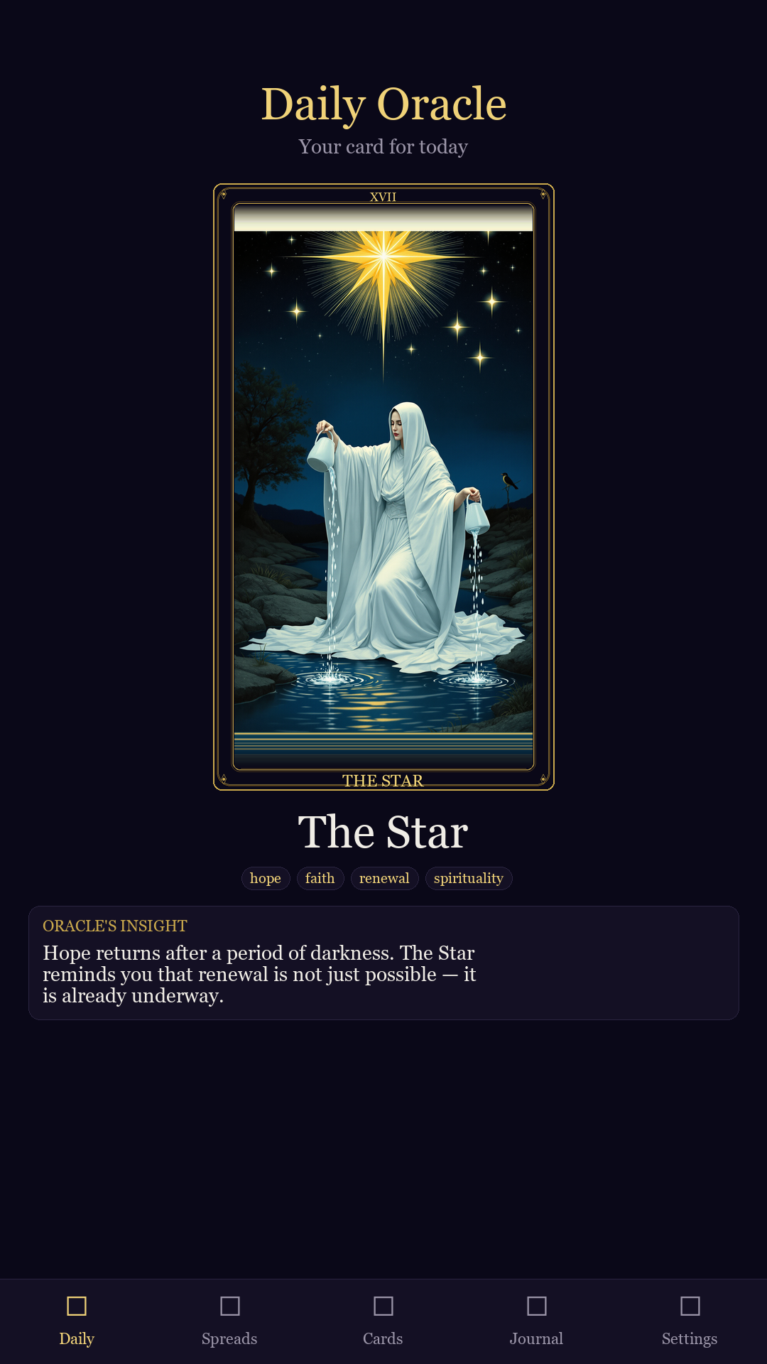 Daily tarot card draw screen