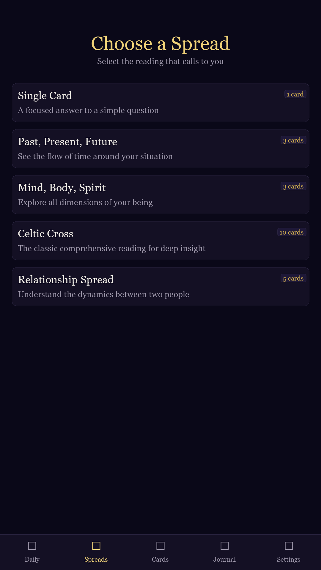 Tarot spread selection including Celtic Cross