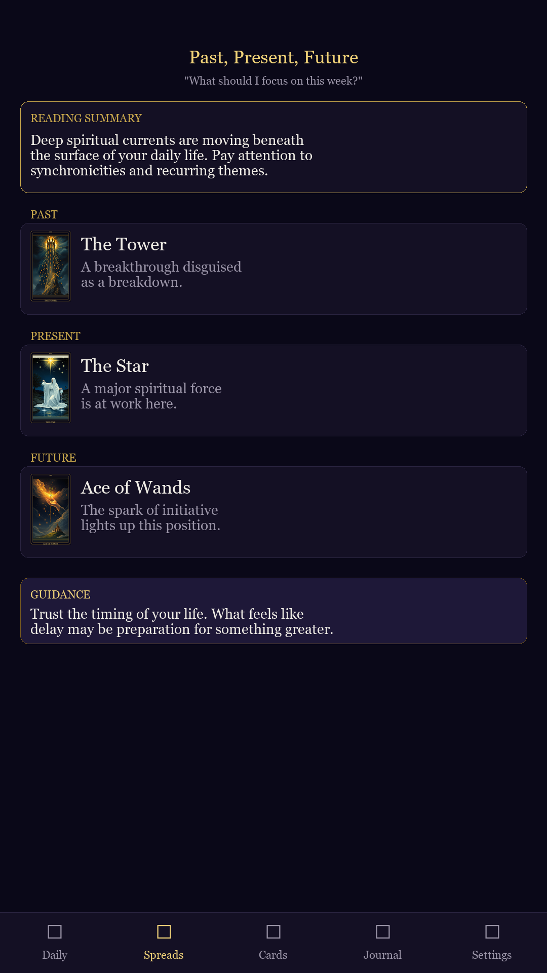 AI tarot reading result with interpretation